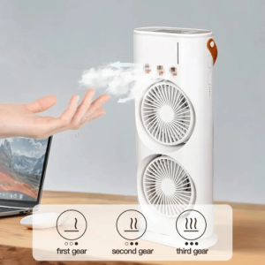 Ventilateur de Bureau USB 3-en-1 avec Double Brumisateur et Éclairage LED